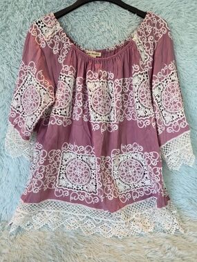 Indigo Thread‎ Co Mauve Pink Embroidered Crochet Lace Peasant Tunic Top XL